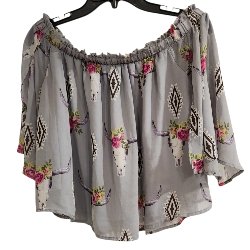 Berry N Cream Womens Sz L Blouse Off The Shoulder Sheer Lined Southwestern Crop